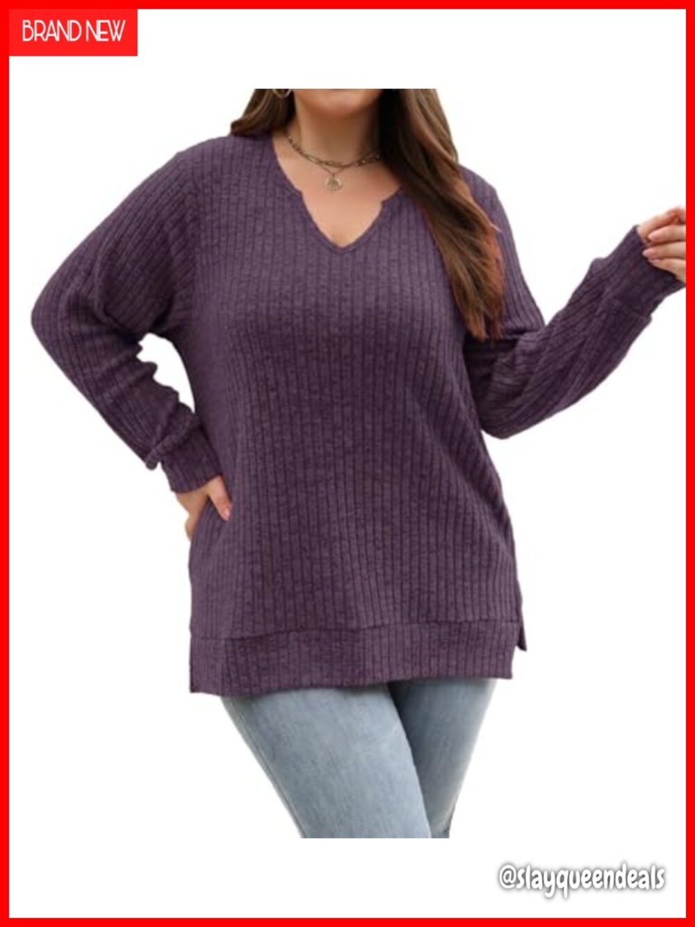 Womens Plus Size V Neck Tunic Sweater Long Sleeve Loose Knit Top